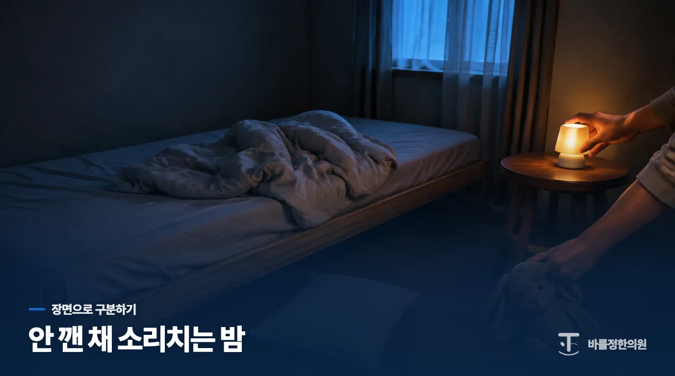 소리치는데도 안 깨어난다면 야경증의 모습과 가깝습니다