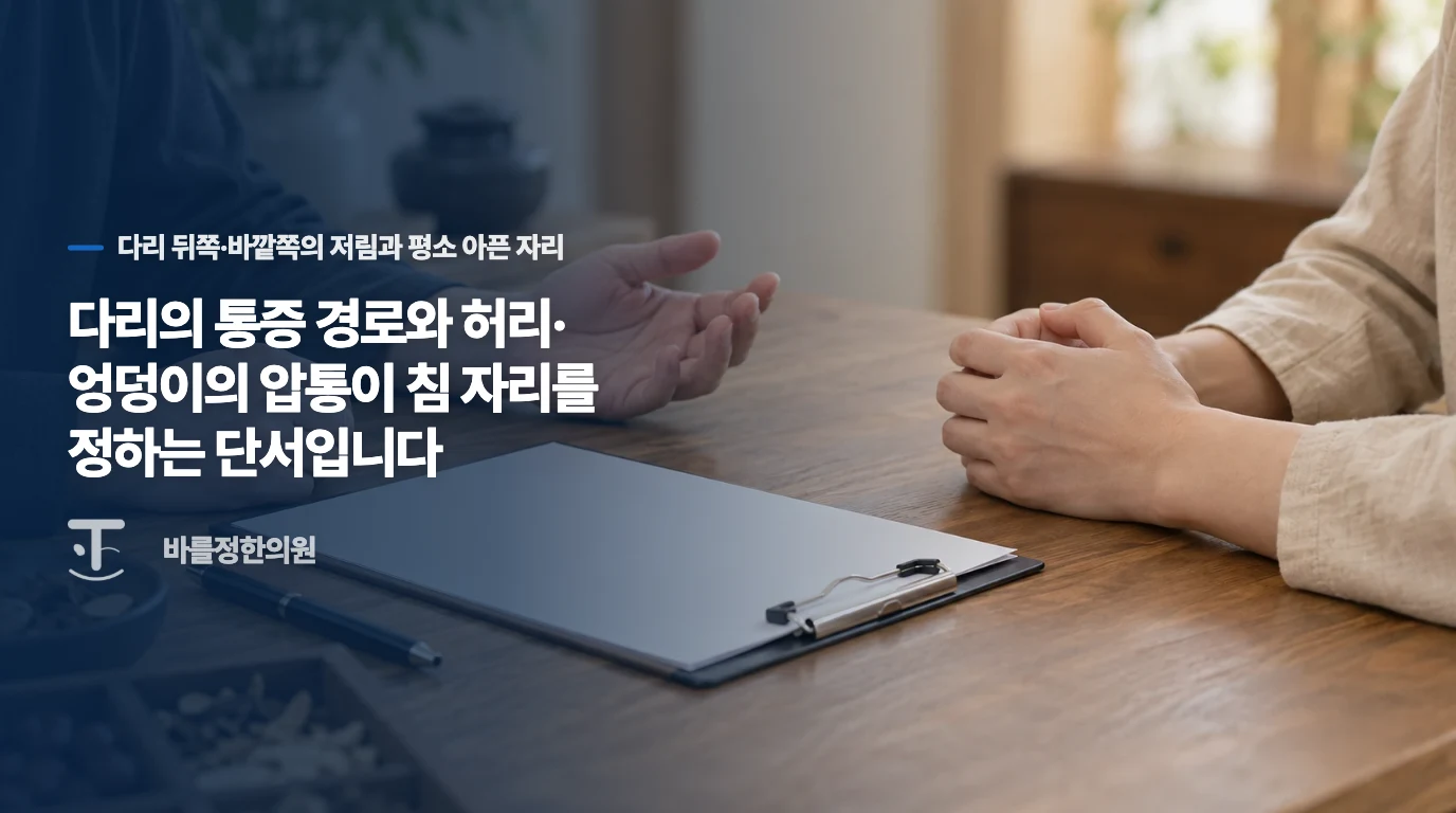 다리의 통증 경로와 허리·엉덩이의 압통이 침 자리를 정하는 단서입니다