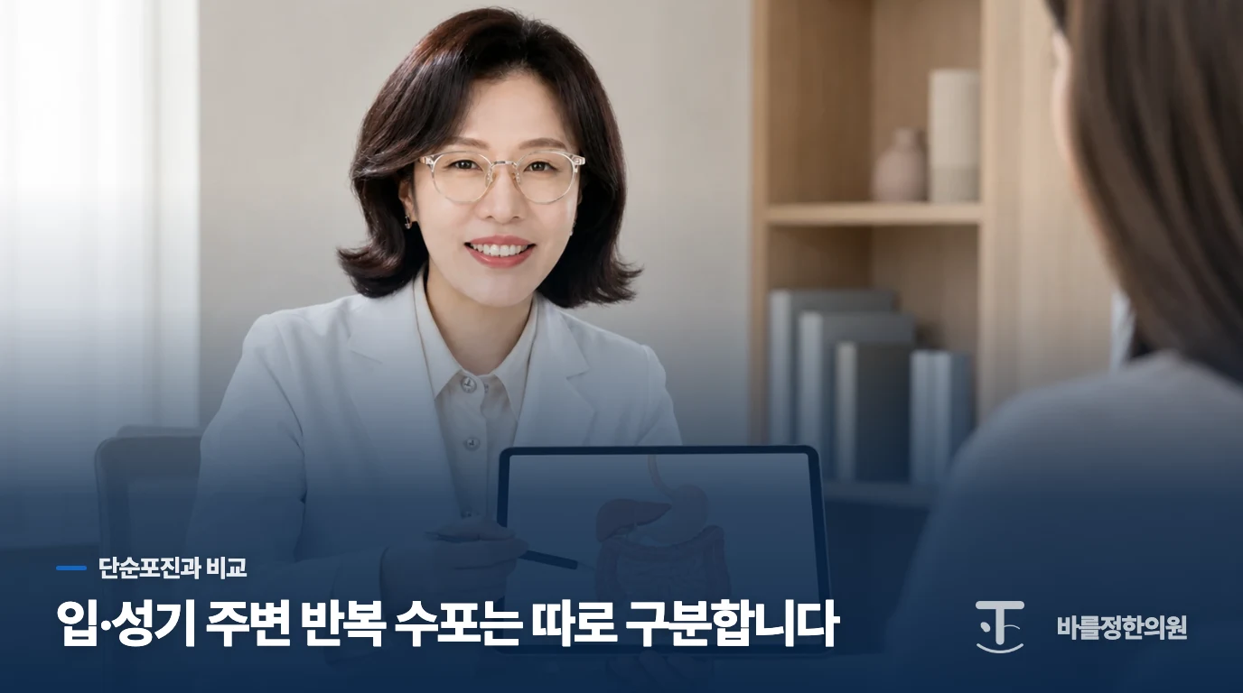 입·성기 주변에 반복되면 단순포진 가능성도 살핍니다